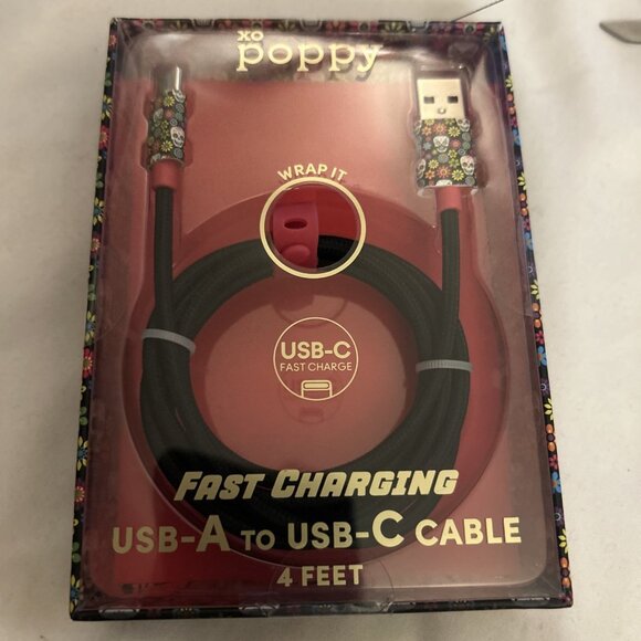 XO Poppy Fast Charging USB-A To USB-C Cable 4’ Skulls Day Of Dead Design Hallowe - Picture 1 of 16